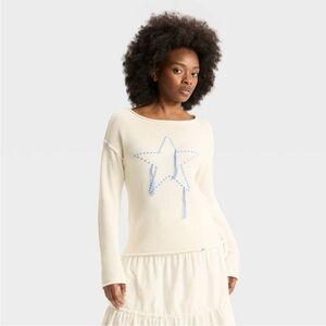 Wild Fable Women's Wide Crewneck Pullover Sweater Offwhite Blue Star, XS, NWT